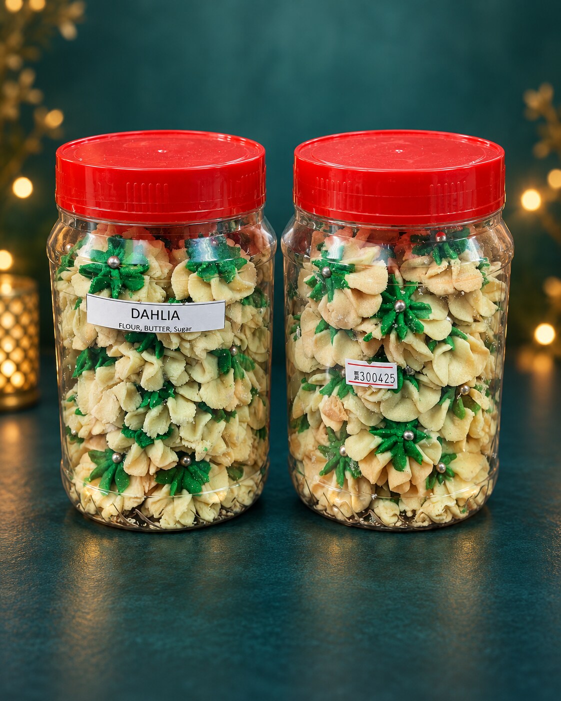 Green Dahlia Cookies in festive jars