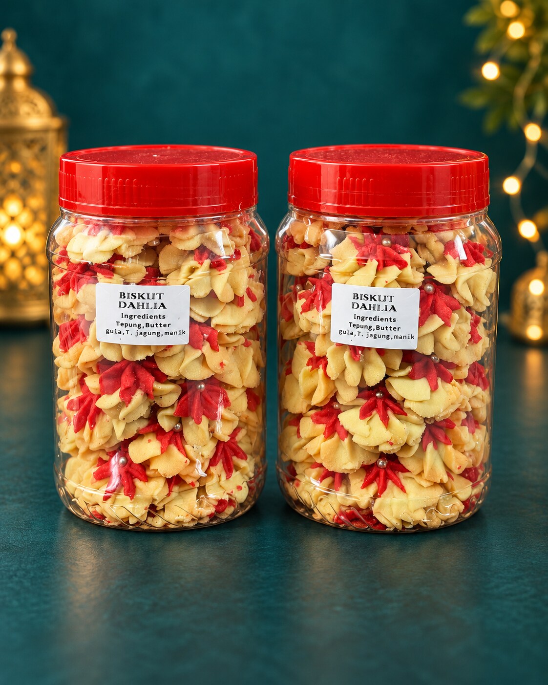 Red Dahlia Cookies in festive jars